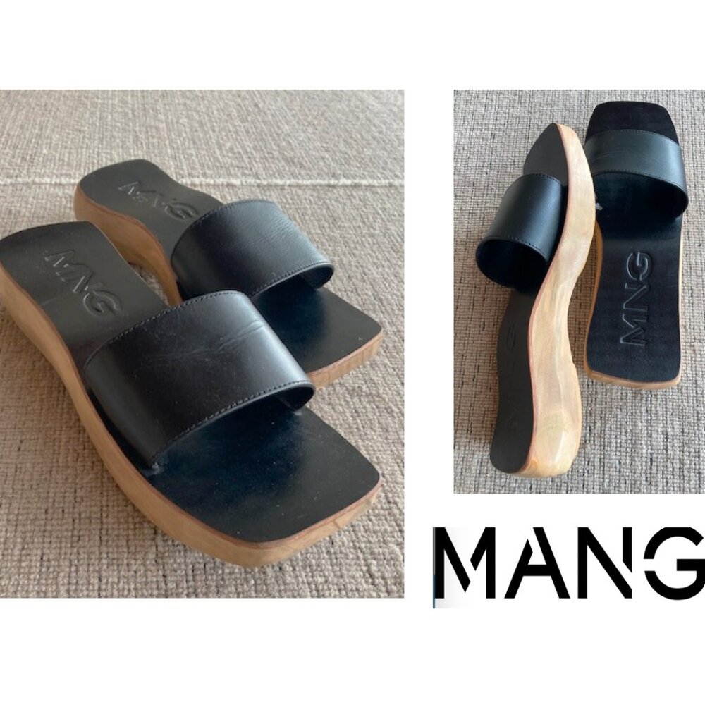 Mango Leather & Wood Slides Sz 9 (USA) 40 (EUR)